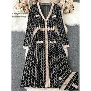 SHEIN Curve Geometric Chevron Knit Midi Dress 0XL Black Beige Button Front